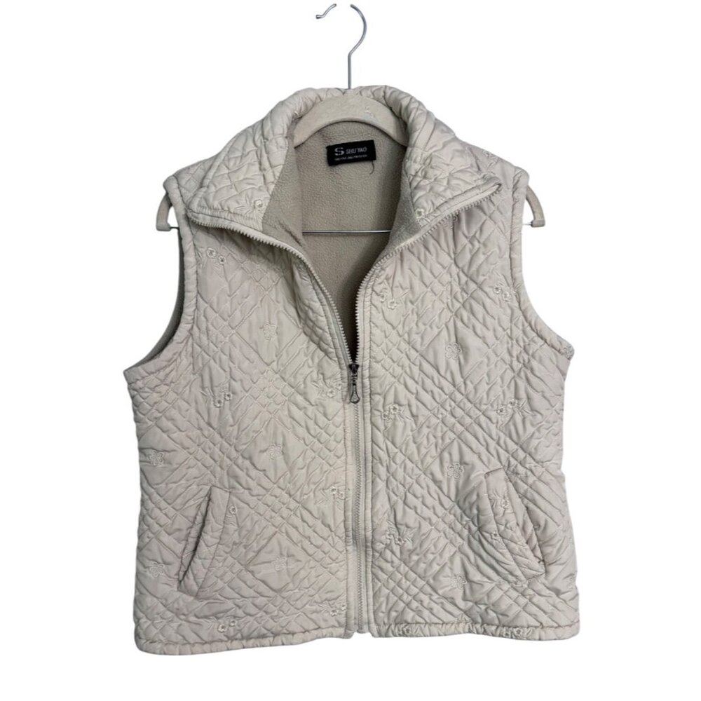 Vintage quilted puffer vest size L‎ embroidered floral boho granola fairy